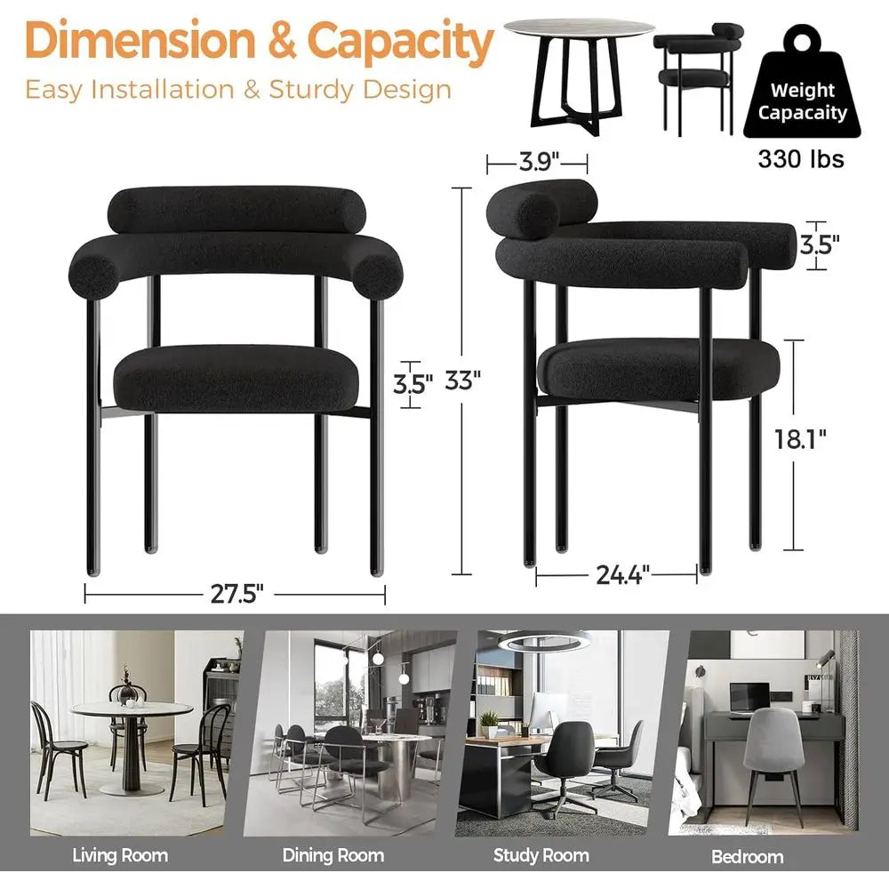 Set of 4 Modern Black Boucle Dining Chairs with Arms, Barrel Design, Metal Legs, and Curved Backrests for Kitchen and Dining Roo