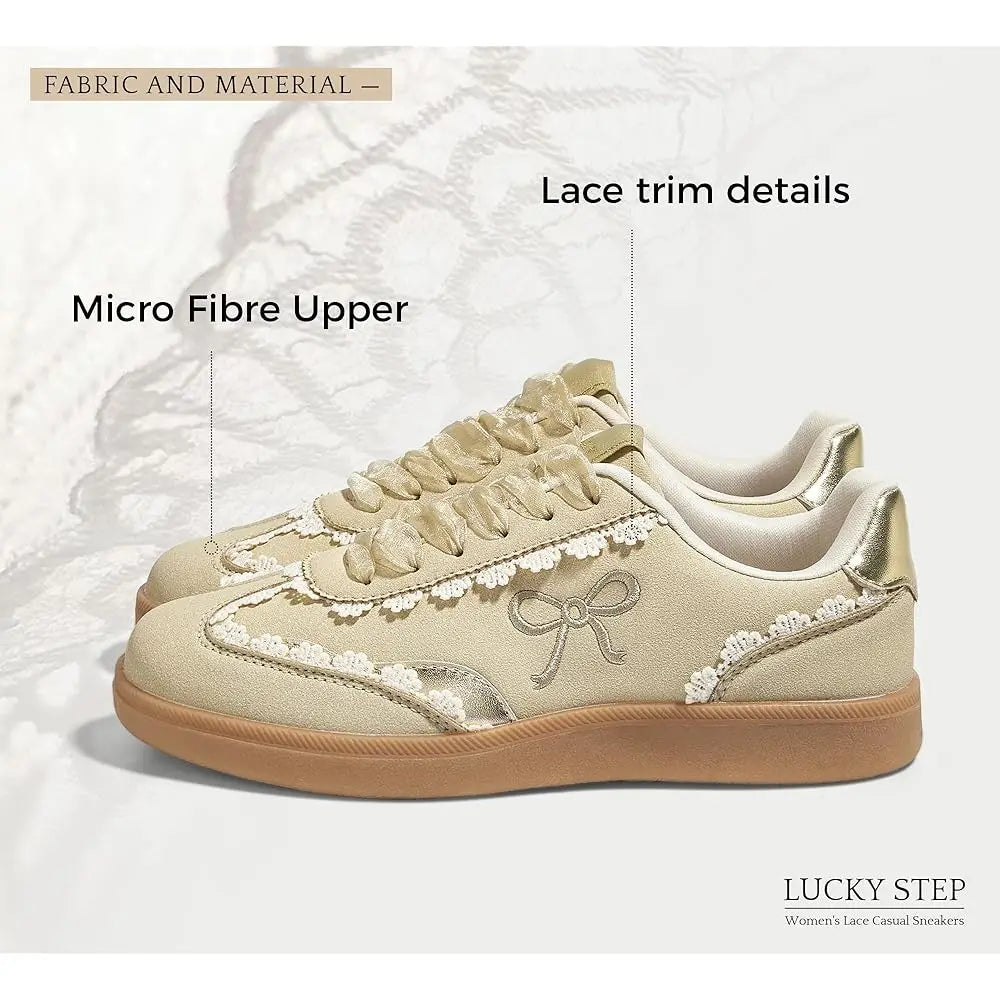 Women’s Lace Detail Casual Sneakers Organza Ribbon Lace-Up Fashion Vintage Gum Sole Trendy Cute Shoes